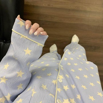Xuan♥ 睡衣女撞色滿印星星春秋季新款長袖長褲日系學生居家服套裝可外穿