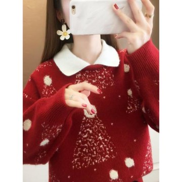 春季2025新款娃娃領假兩件上衣女士毛衣冬季加厚爆款內搭新年喜慶