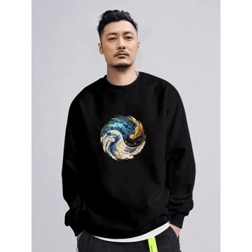 圓領衛衣潮牌男士秋冬季2024年新款太極印花加絨加厚純棉寬松上衣