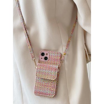 小香風編織紋卡包適用蘋果16pro手機殼15promax斜挎iphone13背帶式17pro掛繩11女12全包8plus防摔14pro保護套