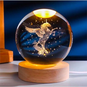 【All Splendid】獨角獸 3D雕刻水晶球 發光水晶球 小夜燈 LED木底座 臥室燈 生日禮物 聖誕節