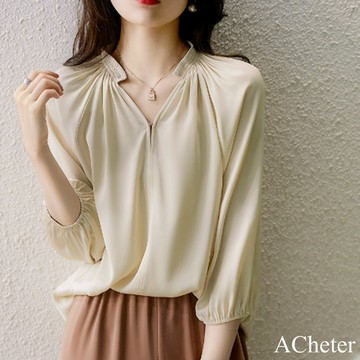 【ACheter】溫柔V領彈力雙絲質抽褶七分袖短版寬鬆上衣 # 115771(現貨+預購)