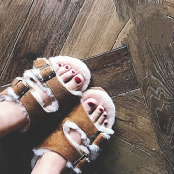 桑坡博肯款時尚澳洲羊皮毛一體金屬搭扣外穿防滑毛拖鞋女