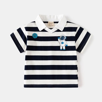 WELLKIDS - 休閒翻領短袖上衣-太空人-條紋