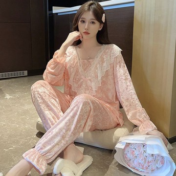 套裝 個人套裝 顯瘦套裝 氣質套裝 金絲絨太太睡衣奢華貴婦秋冬季套裝媽媽家居服保暖甜美仙女公主風