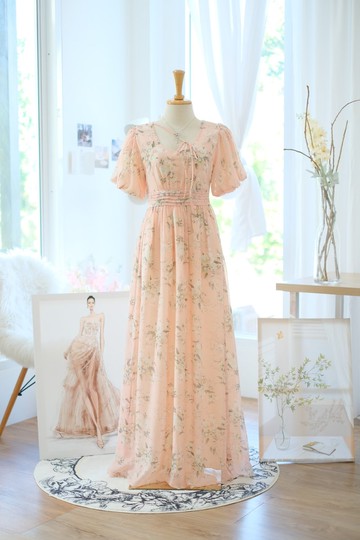 粉色香檳色雪紡洋裝 粉色印花娃娃袖