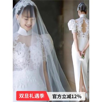 季末特惠 白色泡泡袖短款新娘訂婚生日宴會小禮服旗袍批發19602