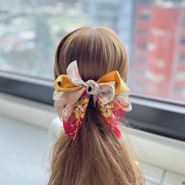 印花紗蕾絲蝴蝶結相交夾香蕉夾仙女夾髮夾-亮黃色+金色