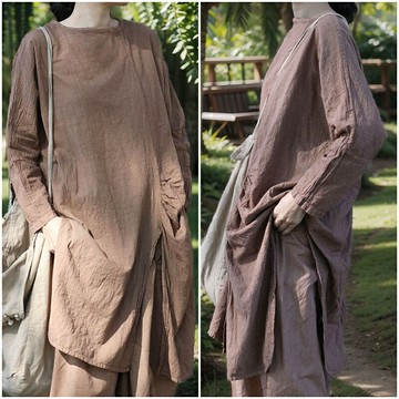 【米蘭精品】現貨+預購 新中式長洋裝棉麻上衣亞麻長裙A字裙連身裙子大碼休閒女裝-長袖不規則74md24