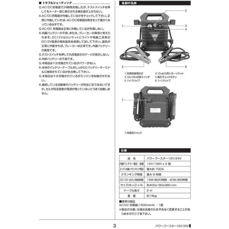１２／２４Ｖ兼用ジャンプスターター パワーブースター - メンテナンス
