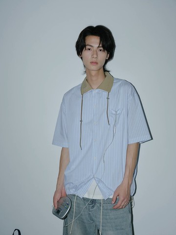 薄荷 藍條休閒短袖襯衫
