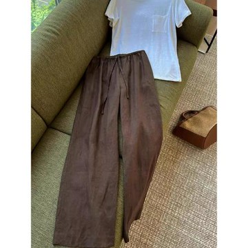 棉麻休閑直筒褲女早秋寬松系帶松緊高腰顯瘦垂感拖地亞麻闊腿褲夏