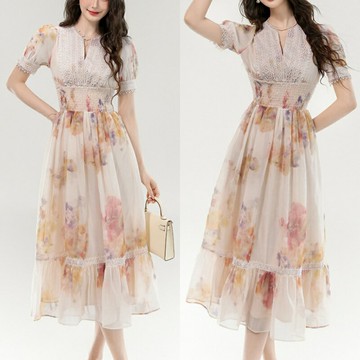 現貨+預購 女長洋裝長裙高級短洋裝法式連身裙蕾絲連衣裙-短袖v領碎花女裙子74lu5【獨家進口】【米蘭精品】