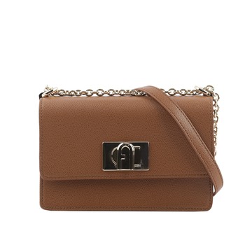 FURLA 1927 拱門轉釦迷你翻蓋鏈帶二用包/白蘭地酒色