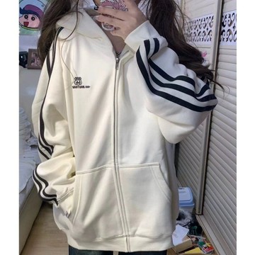 小個子穿搭美式復古條紋衛衣開衫外套秋冬加絨加厚連帽寬鬆慵懶風拉鍊上衣小個子連帽衛衣外套 矮個子高級感顯瘦顯高大學帽t外套