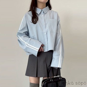 【ehka sopo】經典雙線造型短版翻領襯衫