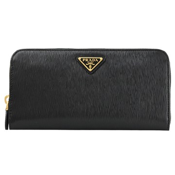 PRADA 經典三角LOGO水波紋ㄇ字拉鍊長夾(黑)