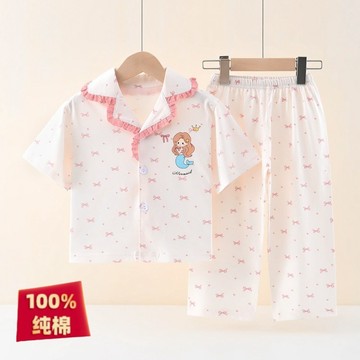 【臺灣出貨】100%純棉女童睡衣兒童純棉夏季薄款短袖2026新款女孩卡通家居服【Hi!Kids】