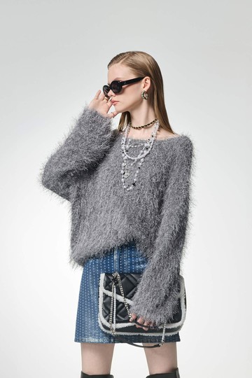 光澤感安靜灰睫毛針織上衣