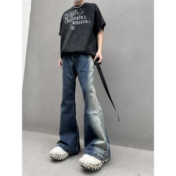 RO風格小眾水洗漸變藍高彈力拖地休閑微喇叭修身顯瘦牛仔褲男女潮