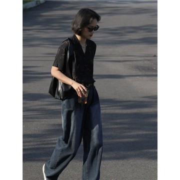 BUBU 水波紋暈染印花短袖襯衫設計感小眾復古港味垂感薄款襯衣女