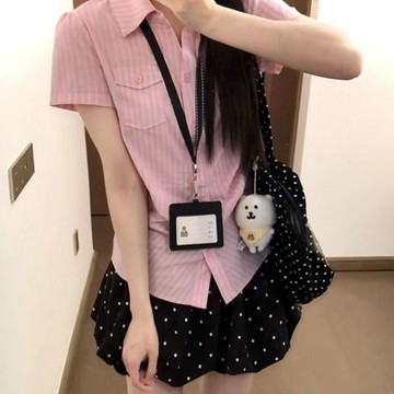 柚里 韓系穿搭 甜美溫柔通勒粉色襯衫女學生顯瘦上衣設計感波點ins半身裙一整套