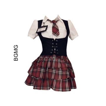 紅黑色美式學院風收腰襯衫馬甲束腰蓬蓬蛋糕裙jk制服三件套