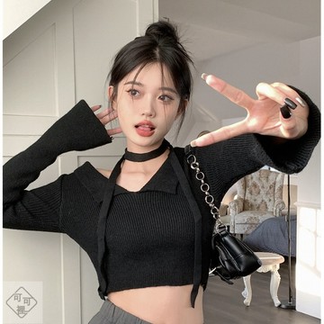 【可可裡】辣妹短版露肩針織衫女秋冬季純欲緊身緊身毛衣小眾別緻上衣INS