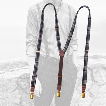 三夾方格2cm復古布面表演吊帶褲夾稻呈.Fuulai