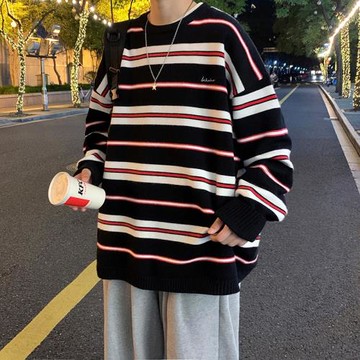 秋冬季條紋毛衣男圓領潮流休閑慵懶風針織衫ins潮牌寬松線衣外套