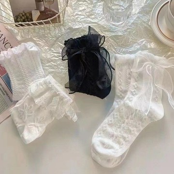 2026爆款襪子簡約 蝴蝶結 花邊襪子 中筒襪 薄款 日系甜美 Lolita蕾絲 jk襪 學生襪 透氣 百搭
