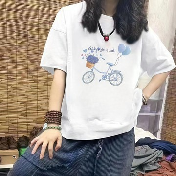 夏季新款 設計印花 美式高街 純棉短袖 百搭上衣 T恤女 寬鬆休閒 圓領T恤  棉質上衣 oversize