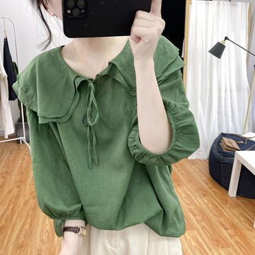 💕甜心大尺碼💕大尺碼襯衫 夏季薄款荷葉領竹節棉短袖襯衫女寬松上衣洋氣防曬衫燈籠袖娃娃衫