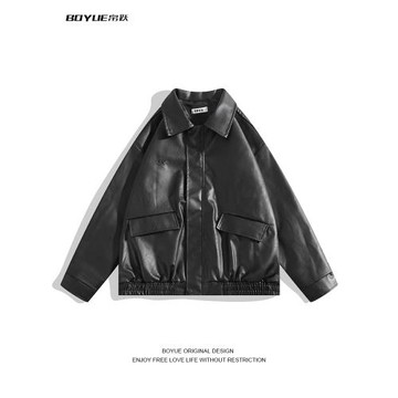 BOYUE帛躍輕熟風潮流痞帥翻領刺繡皮夾克男ins運動機車服情侶外套