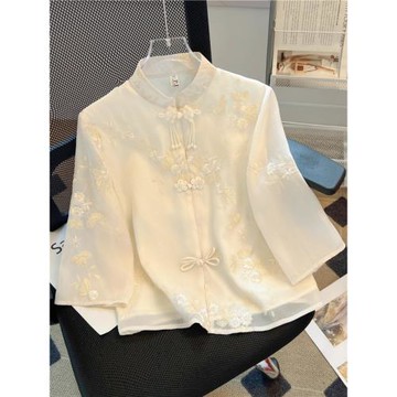 清倉撿漏~新中式國風盤扣雪紡衫女春秋改良漢服重工刺繡小衫上衣