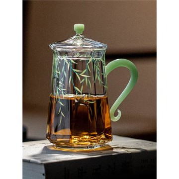 (免運)高檔耐熱玻璃大號茶杯帶蓋子辦公室手把水杯高硼硅花茶杯子不燙手