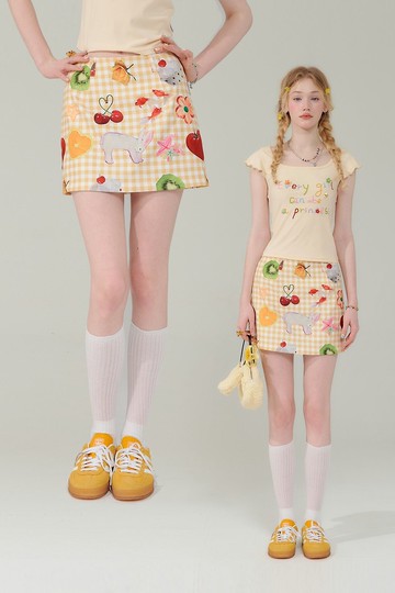 ziziFei夏季美式復古設計感小眾水果印花黃色高腰顯瘦半身短裙女