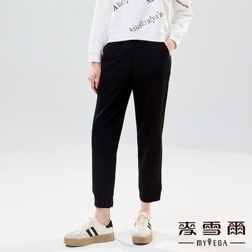 MYVEGA麥雪爾 斜口袋厚磅鬆緊腰哈倫褲-黑