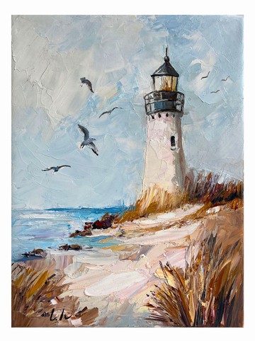 Original Oil Painting – Lighthouse on the Beach – Golden H