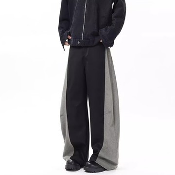 ✨台灣發貨！✨  闊腿褲特殊款 黑灰色拼接 弧形彎刀褲 造型長褲 撞色 休閒寬褲 彎刀褲 長褲 拼接長褲 休閒褲 慵懶感