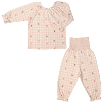 akachan honpo - 長袖家居服 穿衣練習-套頭式 格紋 兔子-粉紅色