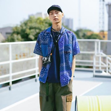 FSIHING MEN襯衫男短袖寬松街頭潮牌拼接襯衣日系痞帥情侶外套潮