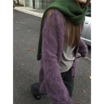 慵懶高級感葡萄紫色v領馬海毛毛衣外套女秋冬寬松水貂絨針織開衫