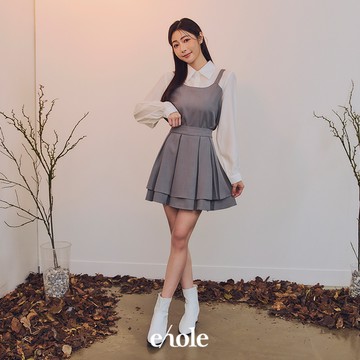 假兩件襯衫壓褶短裙SET-灰藍