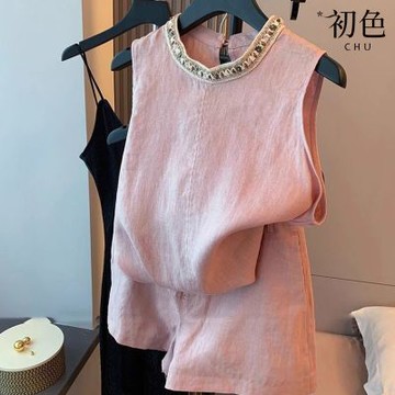 初色 民族風純色編織釘珠無袖背心上衣女上衣+素色口袋休閒褲短褲套裝-粉色-13750(M-2XL可選)