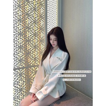 韓雨嘉【高智感白月光】白色翻領可拆卸系帶收腰顯瘦西裝風衣外套