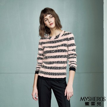【MYSHEROS 蜜雪兒】條紋毛呢立體圓球花邊拼織帶袖上衣-粉