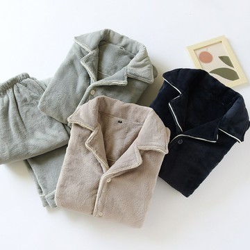 法蘭絨睡衣男秋冬款開衫保暖冬季加絨加厚珊瑚絨男士家居服套裝鑫弘-衣錦男裝