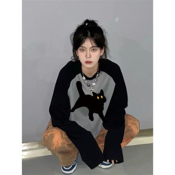 小貓純棉長袖t恤女春秋季2025新款拼接插肩袖設計感小眾寬松上衣