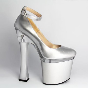 20厘米性感高跟鞋銀色包頭婚鞋粗跟超高單鞋夜店鞋恨天高女鞋